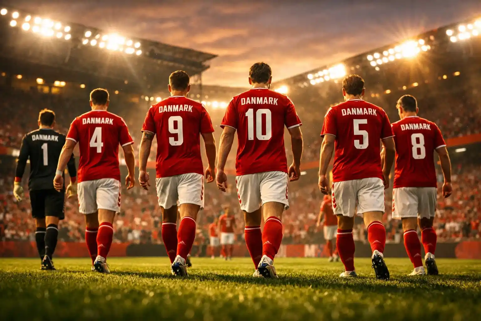 Det danske landshold i røde og hvide trøjer på fodboldbanen - guide til betting på Danmark